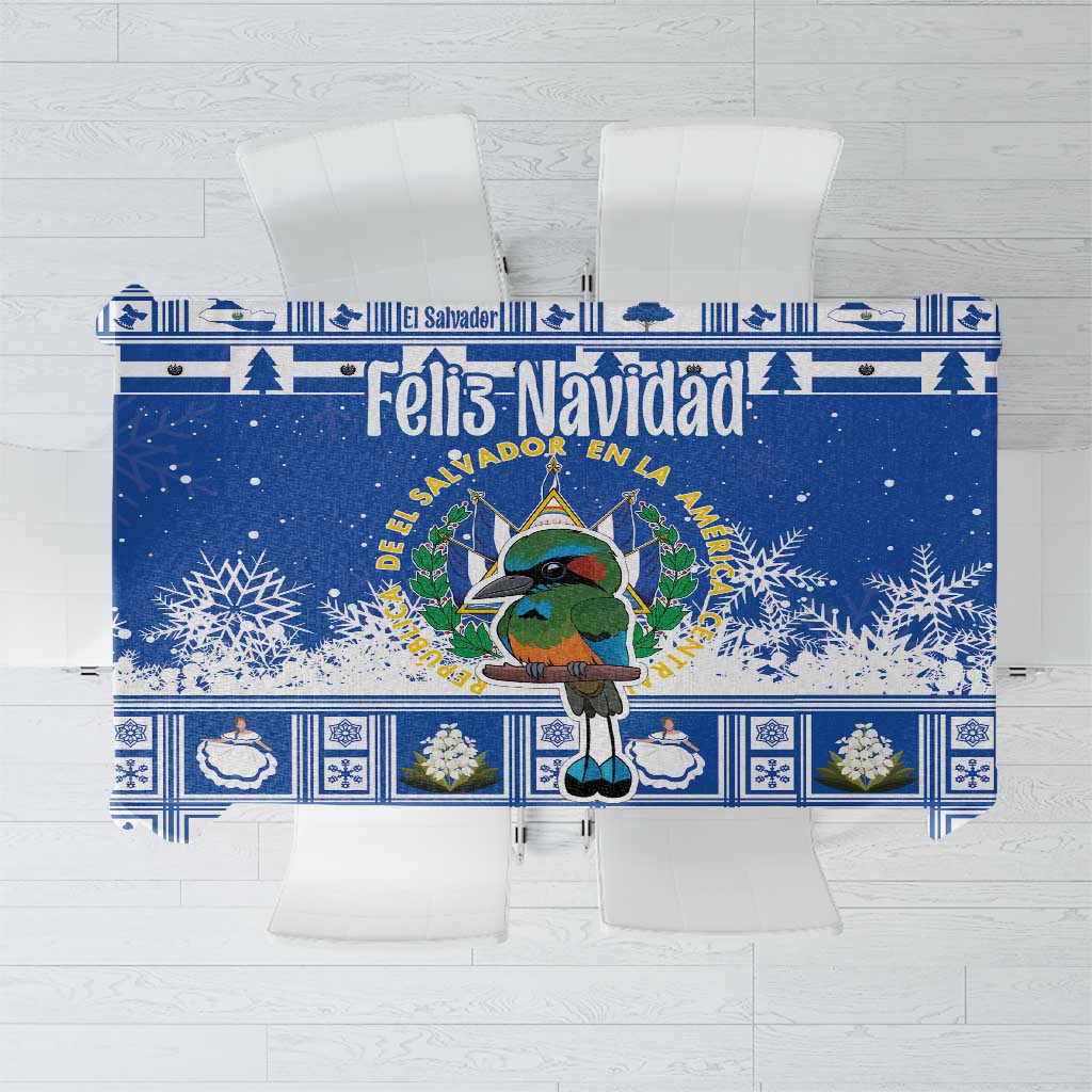Blue El Salvador holiday tablecloth with cartoon coat of arms center panel and snowflake borders.