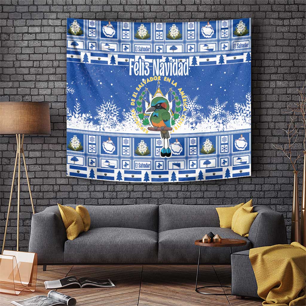Blue Christmas tapestry with cartoon bird wearing coat of arms wreath