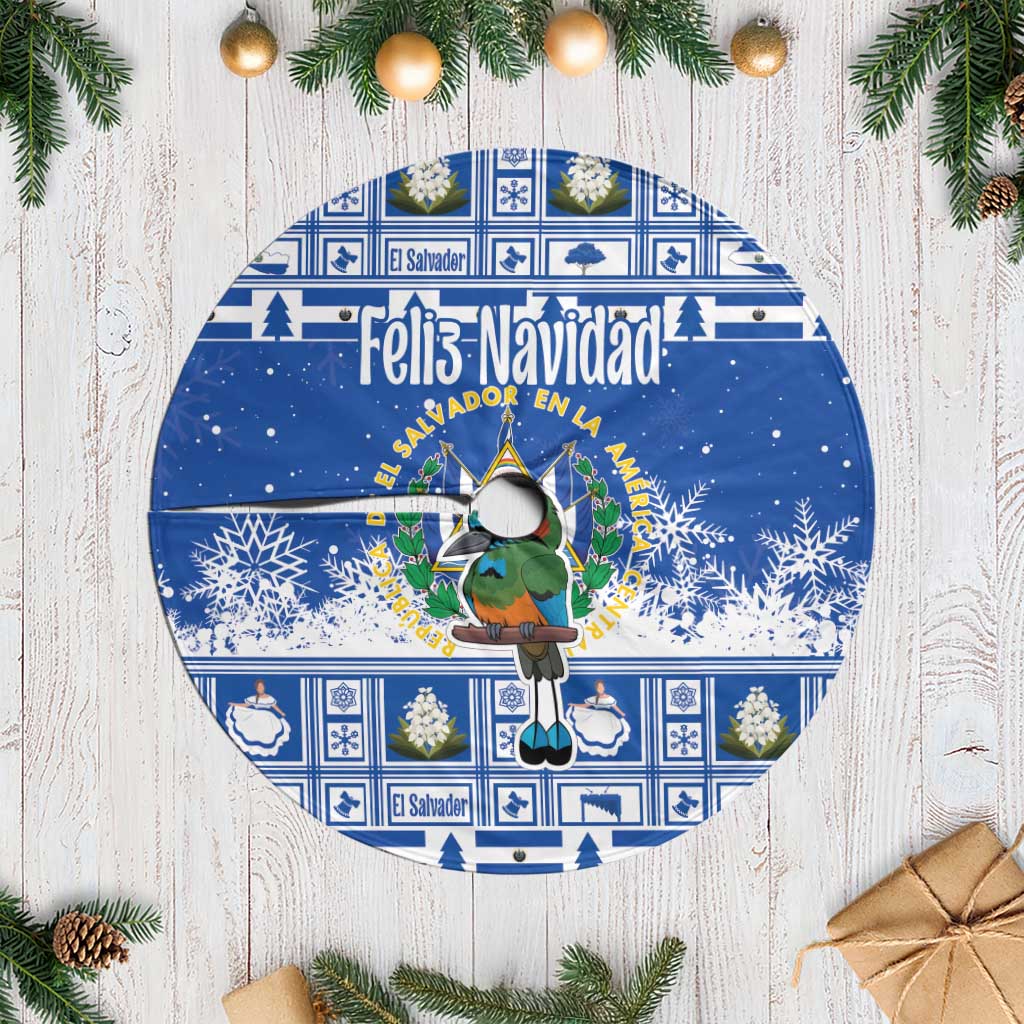 Blue Christmas tree skirt with El Salvador cartoon and tassel fringe edge