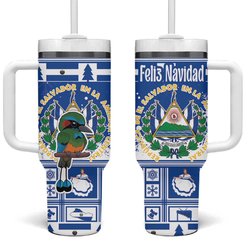 Blue Christmas tumbler with handle, cartoon bird and Salvador coat of arms design.