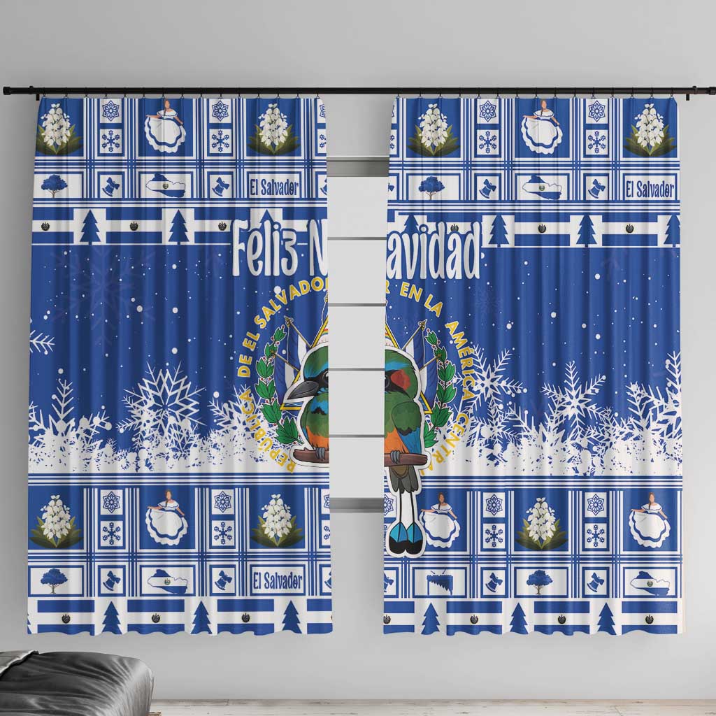Blue Christmas window curtain panels with snowflake pattern and cartoon coat-of-arms design