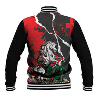 Red/black baseball jacket with back Russia graphic, striped ribbed cuffs