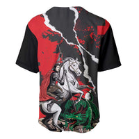 Black and red baseball jersey back view with horse and soldier art, short sleeves