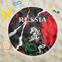 Round fringed beach blanket with Russia graphic, horse and dragon on red and black