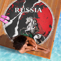 Round fringed Russia beach blanket with horse-and-dragon illustration on red and black