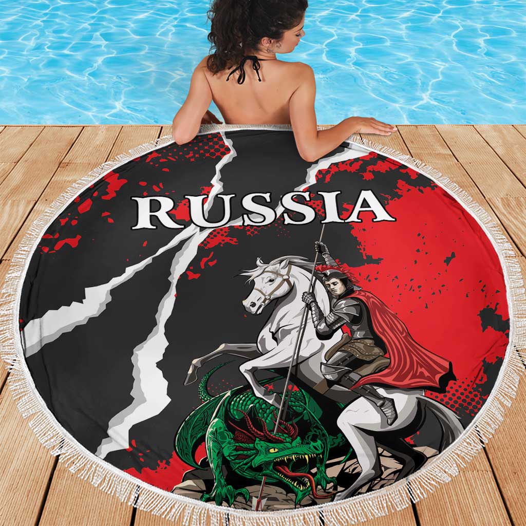Round fringed Russia beach blanket, horse and dragon artwork with large Russia text