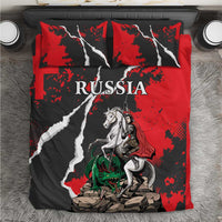 Red, black and white grunge Russia bedding set with knight on horse and dragon motif
