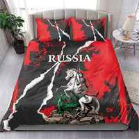 Russia bedding set with red/black/white grunge pattern, knight on horse, dragon graphic