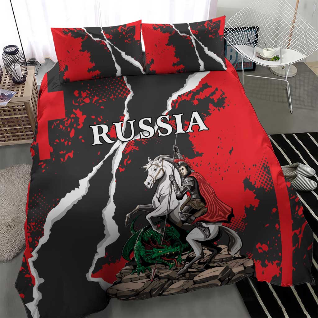 Red/black/white Russia bedding set duvet with knight-and-horse artwork and dragon motif