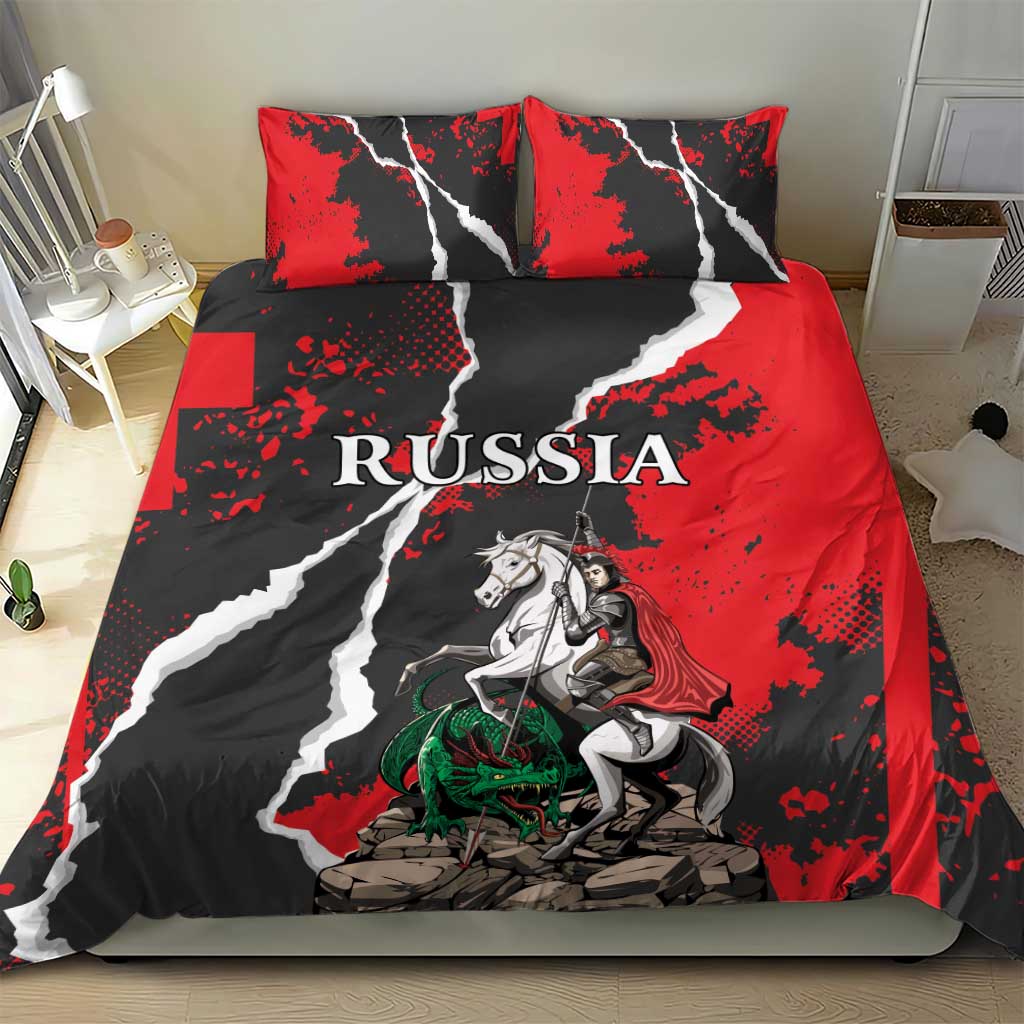 Russia bedding set duvet with bold red and black grunge stripes and knight-on-horse art