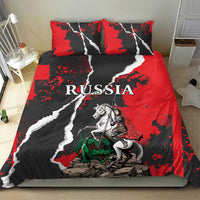 Russia bedding set duvet with bold red and black grunge stripes and knight-on-horse art