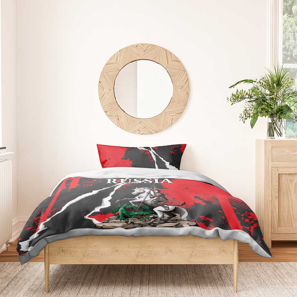 Russia comforter with red and black grunge print, knight on horse and dragon motif