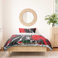 Russia comforter with red and black grunge print, knight on horse and dragon motif