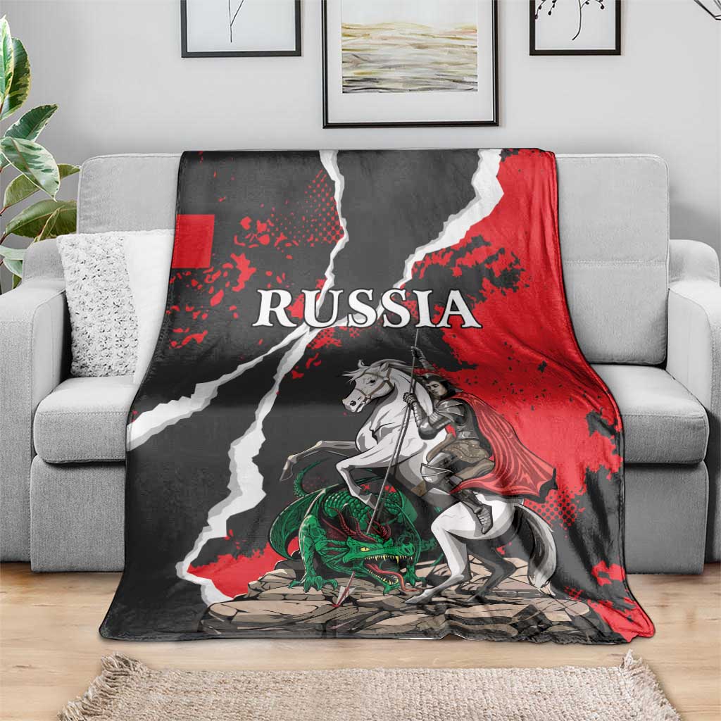 Grunge style Russia-themed blanket with armored knight, green dragon, red and black print