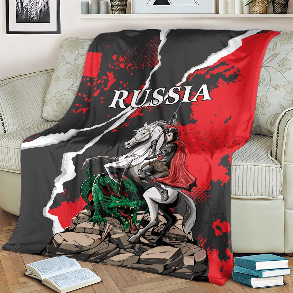 Russia-themed blanket with knight and dragon over map shape, red, white, and dark gray