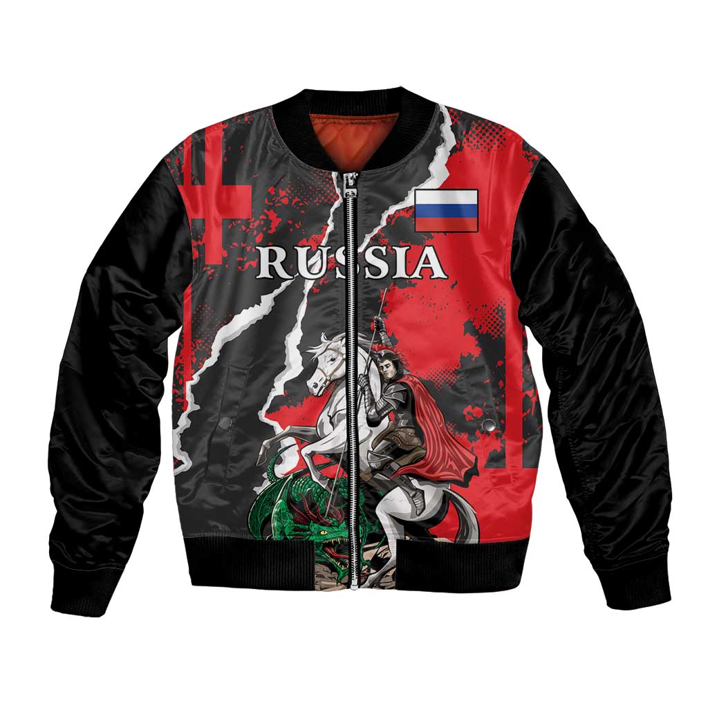 Red and black bomber jacket with full-zip front and knight-versus-dragon graphic