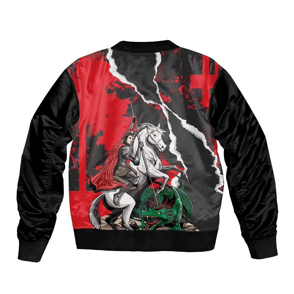 Red and black bomber jacket back with knight and dragon action graphic, ribbed hem