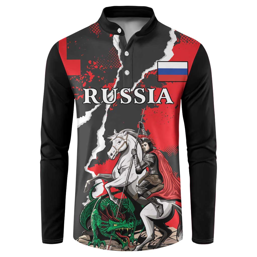 Black long-sleeve button henley sweatshirt with Russia graphic in red, white, gray