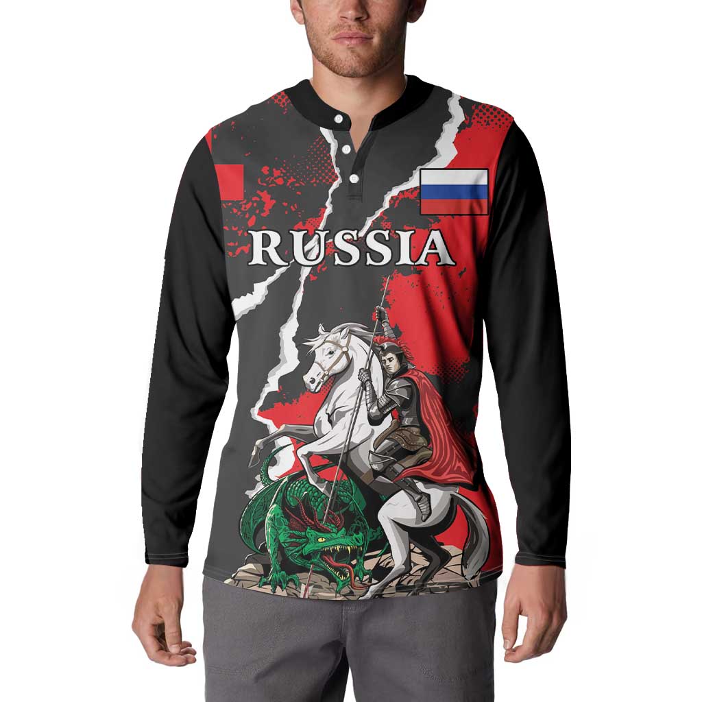 Black button henley sweatshirt with large Russia graphic, knight on horse and green dragon