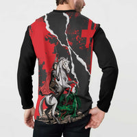 Black long-sleeve button henley sweatshirt with back red-and-gray Russia stripe and dragon artwork