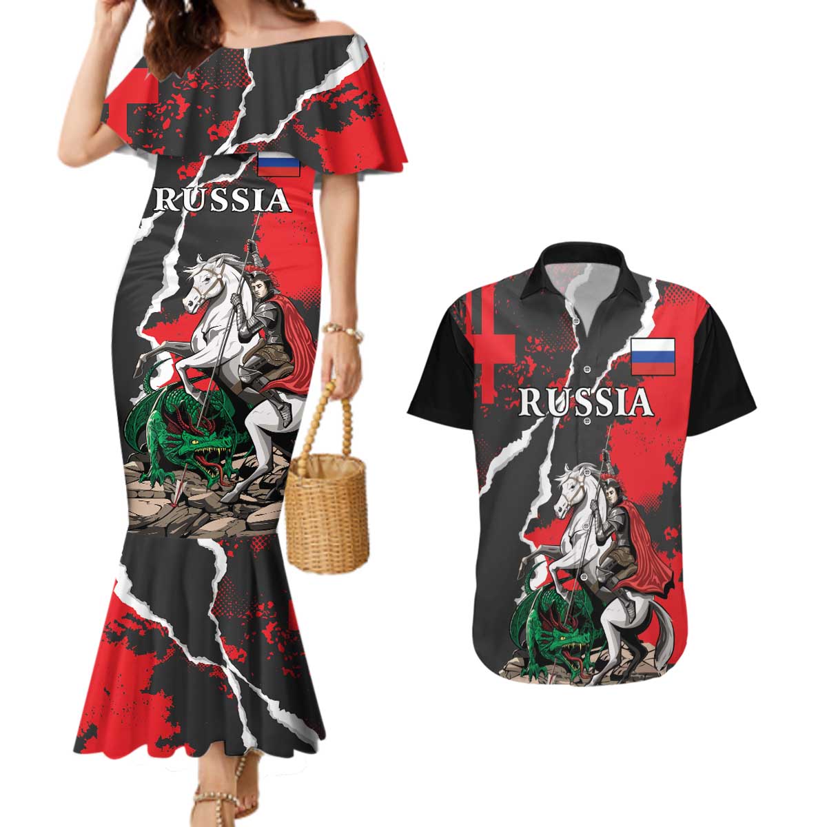 Russia Knight Fighting With Dragon Couples Matching Mermaid Dress and Hawaiian Shirt Grunge Style