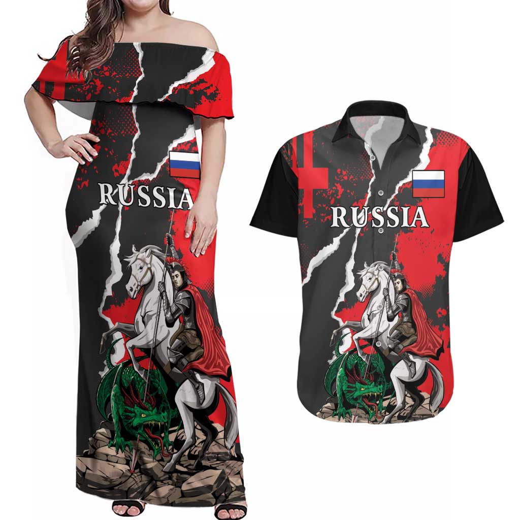 Russia Knight Fighting With Dragon Couples Matching Off Shoulder Maxi Dress and Hawaiian Shirt Grunge Style