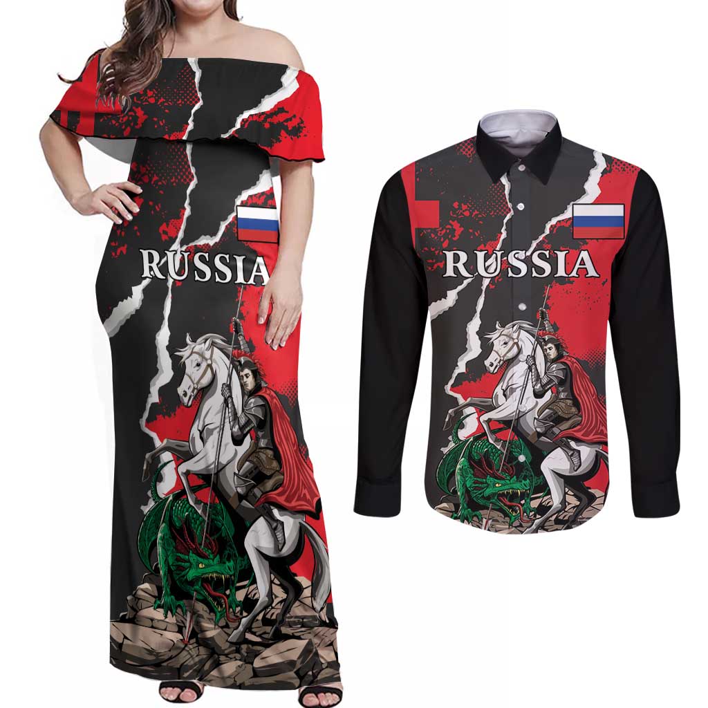 Russia Knight Fighting With Dragon Couples Matching Off Shoulder Maxi Dress and Long Sleeve Button Shirt Grunge Style