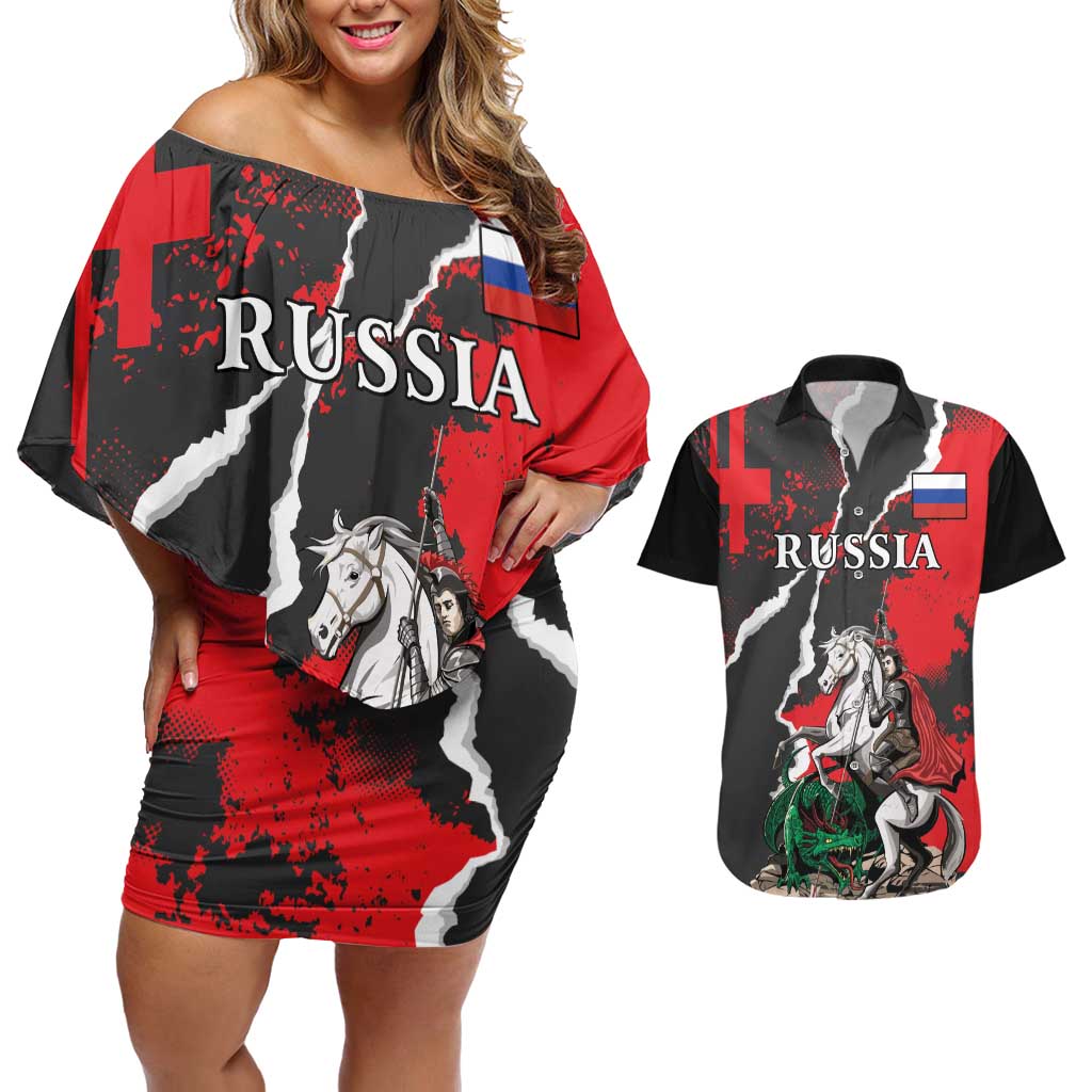 Russia Knight Fighting With Dragon Couples Matching Off Shoulder Short Dress and Hawaiian Shirt Grunge Style