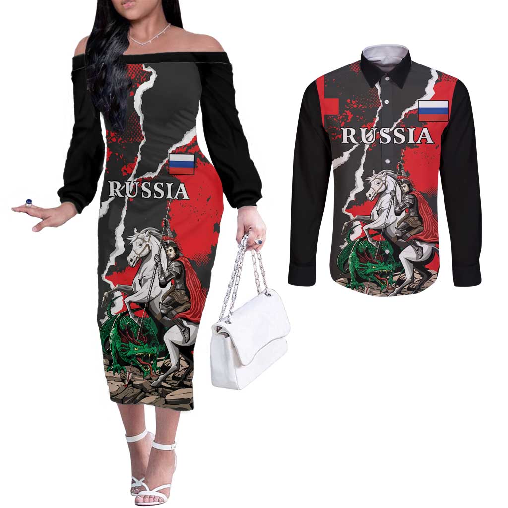 Russia Knight Fighting With Dragon Couples Matching Off The Shoulder Long Sleeve Dress and Long Sleeve Button Shirt Grunge Style