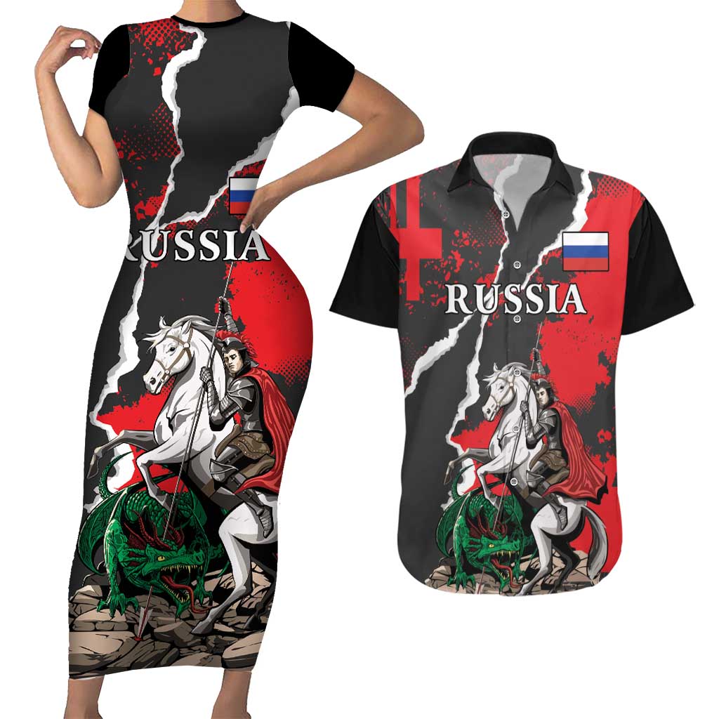 Russia Knight Fighting With Dragon Couples Matching Short Sleeve Bodycon Dress and Hawaiian Shirt Grunge Style