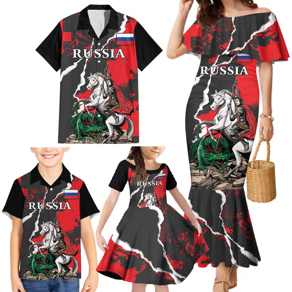 Russia Knight Fighting With Dragon Family Matching Mermaid Dress and Hawaiian Shirt Grunge Style