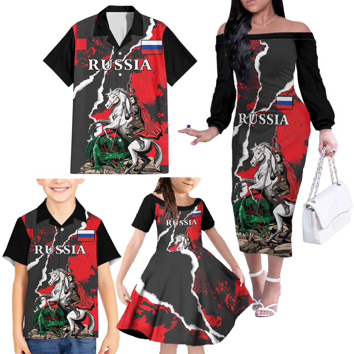 Russia Knight Fighting With Dragon Family Matching Off The Shoulder Long Sleeve Dress and Hawaiian Shirt Grunge Style