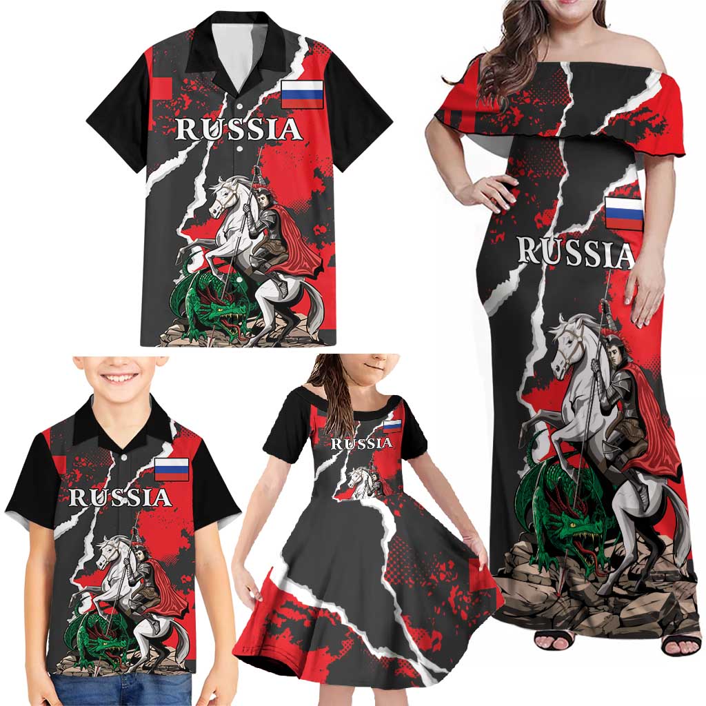 Russia Knight Fighting With Dragon Family Matching Off Shoulder Maxi Dress and Hawaiian Shirt Grunge Style