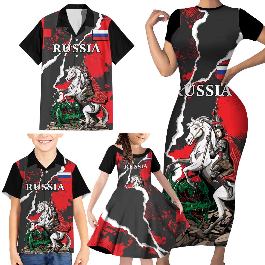 Russia Knight Fighting With Dragon Family Matching Short Sleeve Bodycon Dress and Hawaiian Shirt Grunge Style - Wonder Print Shop