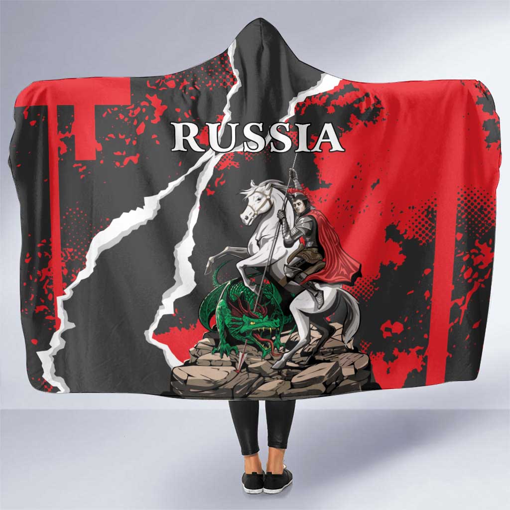 Russia Knight Fighting With Dragon Hooded Blanket Grunge Style - Wonder Print Shop