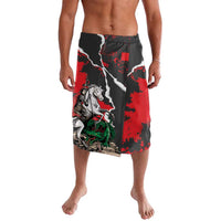 Red, black, and white graphic shorts with knight and dragon battle print