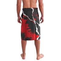 Red and black graphic shorts with large white shape panels and battle print