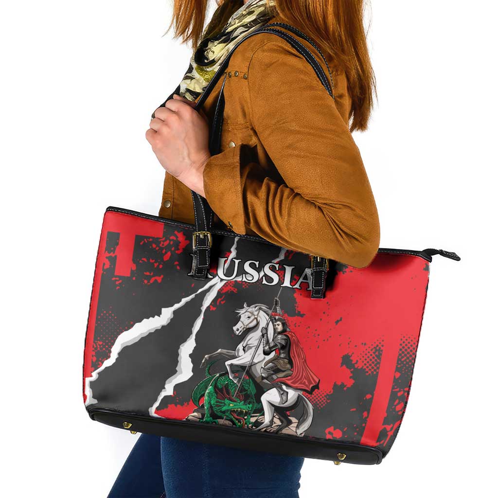 Russia Knight Fighting With Dragon Leather Tote Bag Grunge Style