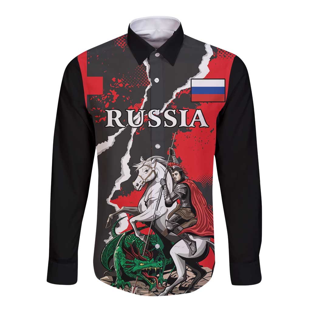 Russia Knight Fighting With Dragon Long Sleeve Button Shirt Grunge Style