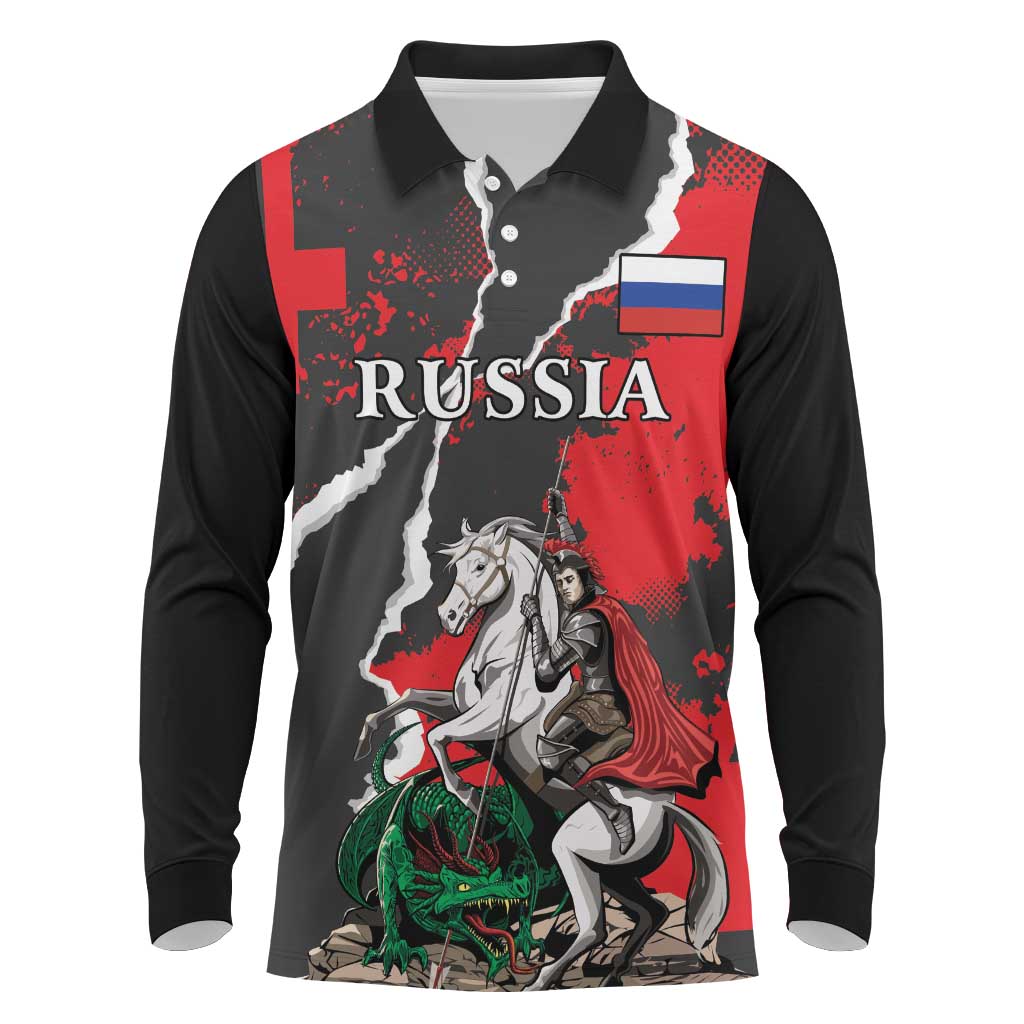 Russia Knight Fighting With Dragon Long Sleeve Polo Shirt Grunge Style - Wonder Print Shop