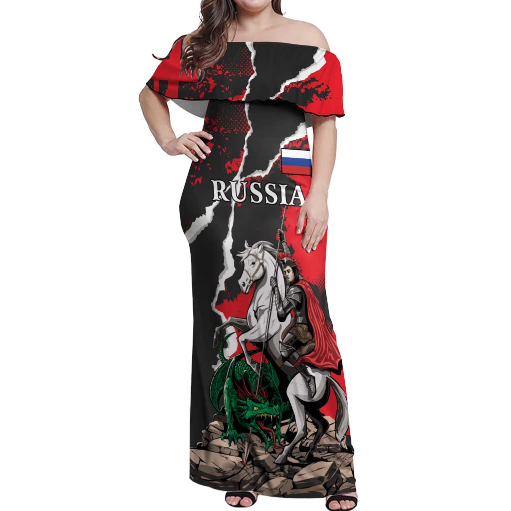 Russia Knight Fighting With Dragon Off Shoulder Maxi Dress Grunge Style - Wonder Print Shop