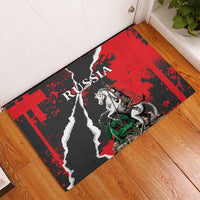 Russia doormat angled on wood floor, red and black graphic with knight and dragon