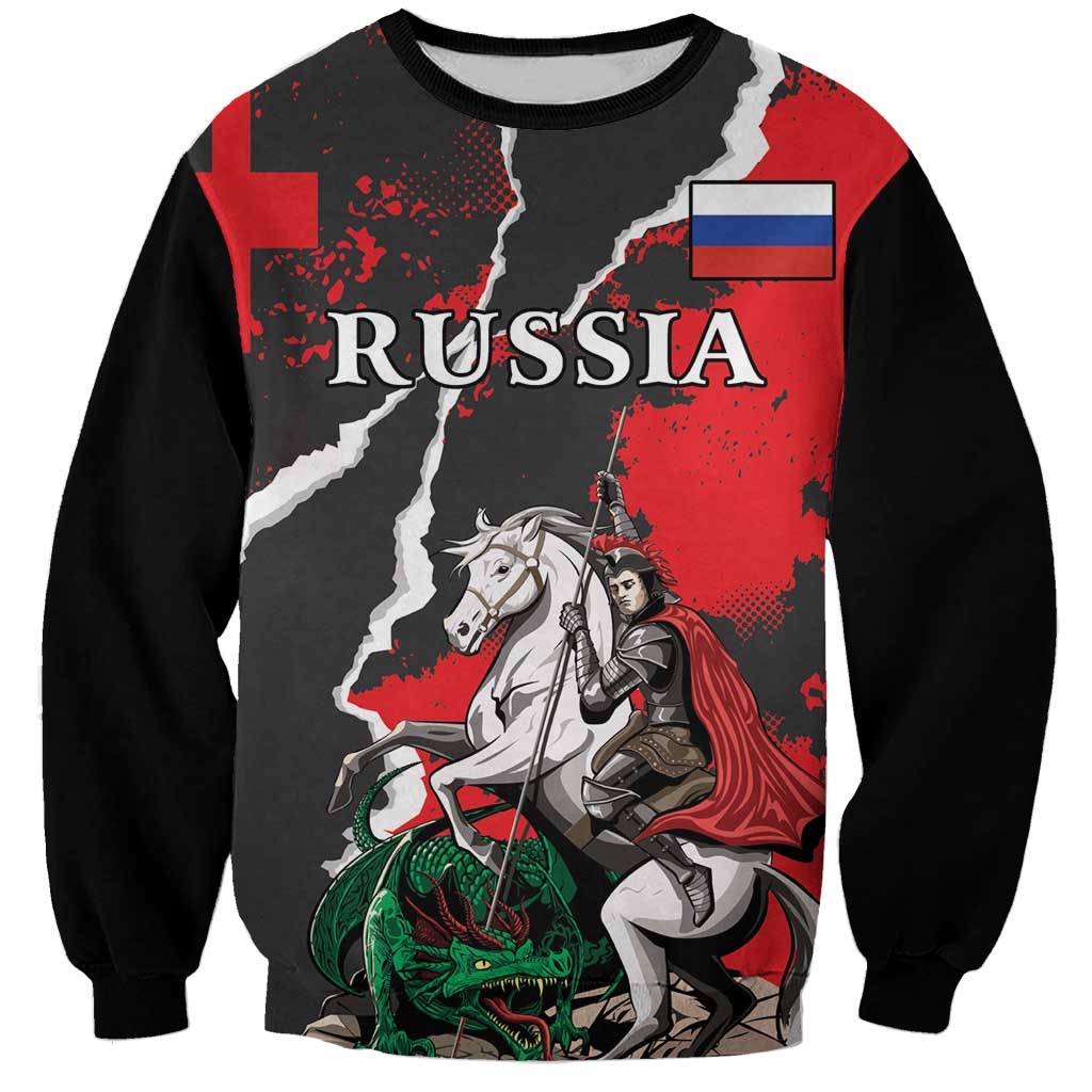 Unisex black sweatshirt with red Russia map graphic, knight on horse fighting green dragon