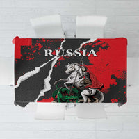 Red and black grunge tablecloth with knight on horse, dragon graphic, Russia text