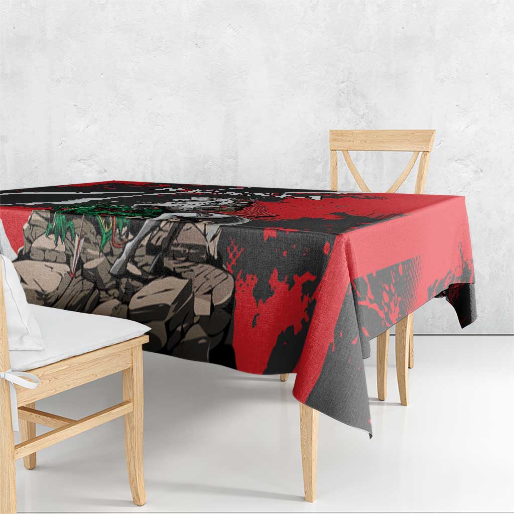 Red and black knight and dragon tablecloth with overhanging corners on dining table