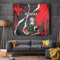 Red, black and gray Russia grunge wall tapestry with mounted knight and dragon
