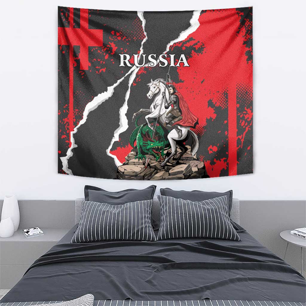 Rectangular tapestry with Russia map graphic, knight on horse, and green dragon