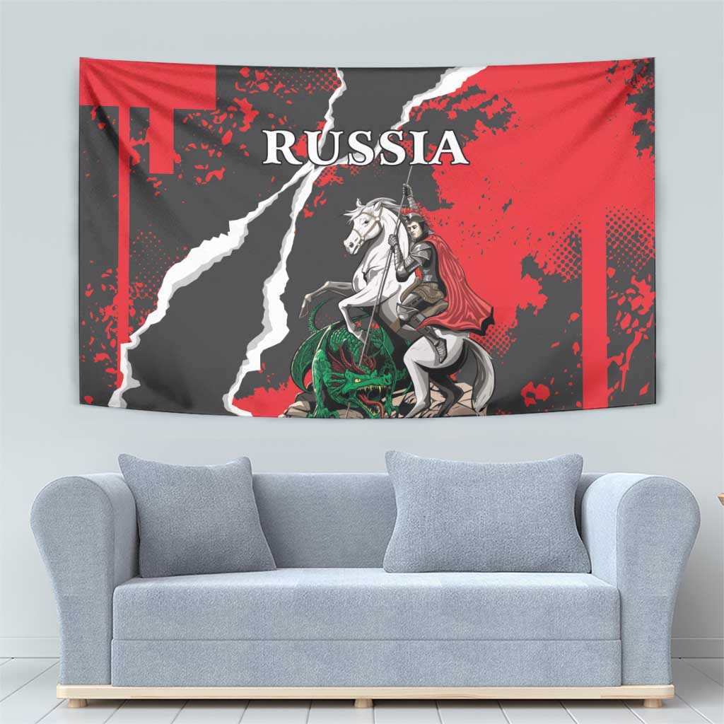 Rectangular tapestry with Russia wordmark, knight on horse, and green dragon