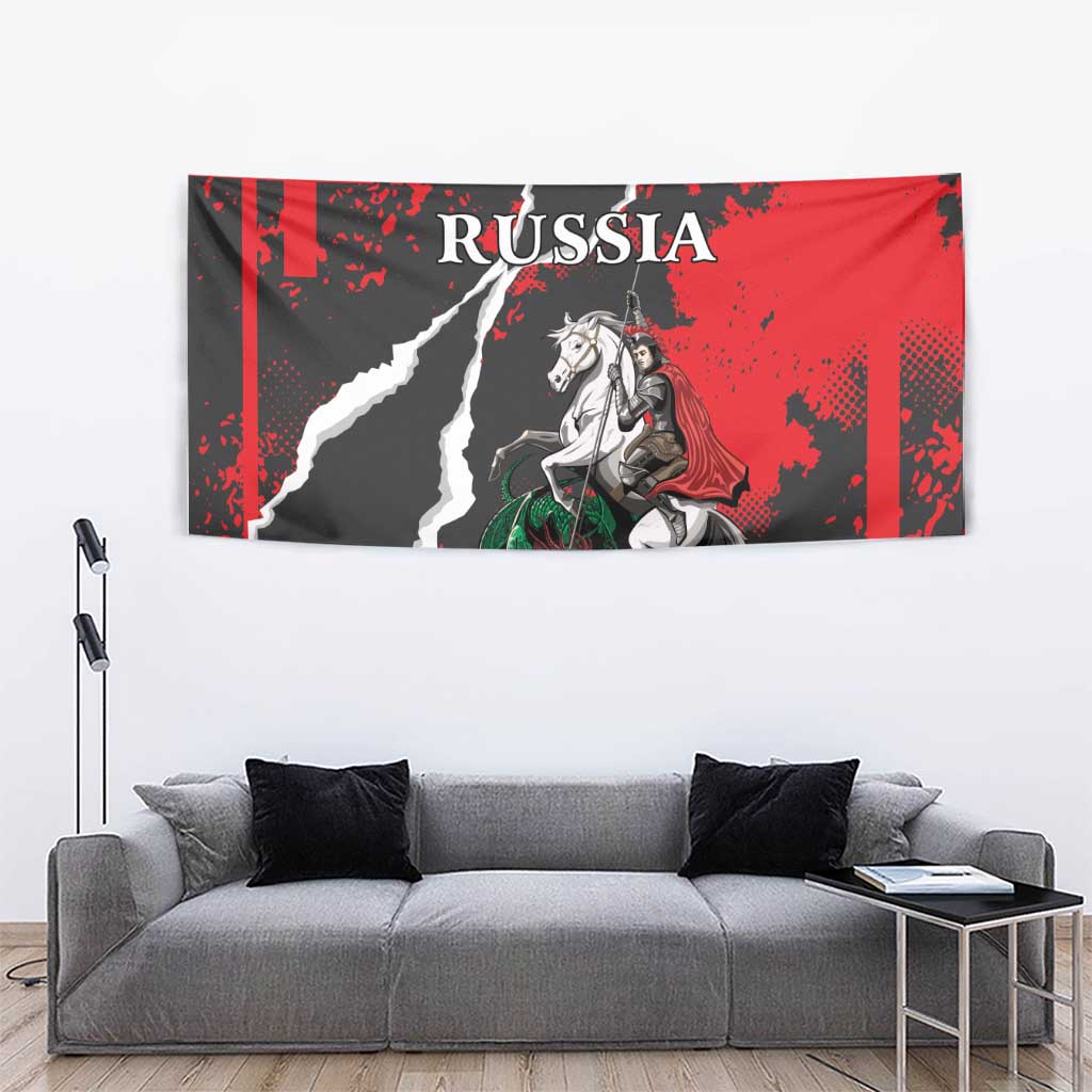 Russia grunge tapestry showing a knight on a white horse facing a green dragon