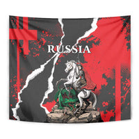 Close view tapestry: Russia grunge with knight on horse and green dragon on red backdrop